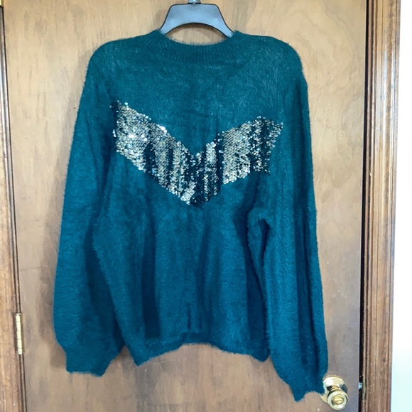 Relist 4/9 Nine West sequin chevron stripe soft green sweater XXL - Picture 3 of 15